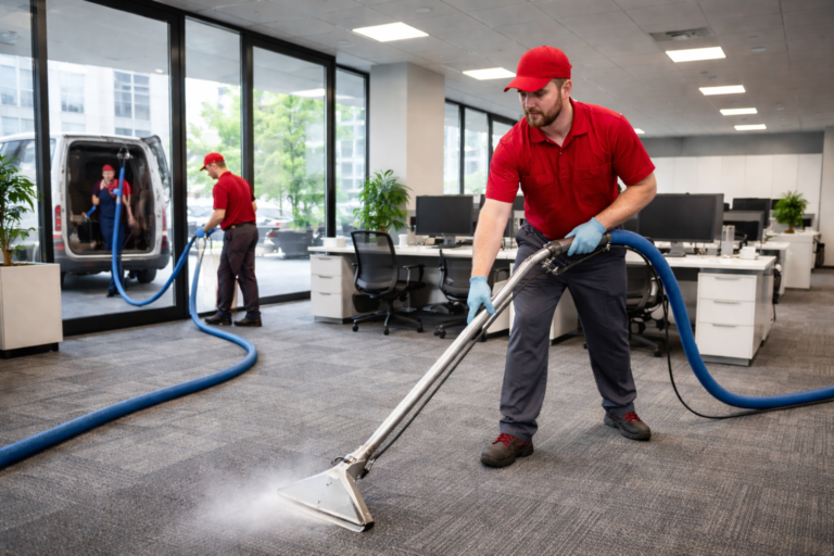 Professional commercial carpet cleaning in a Calgary office, with trained technicians wearing red and grey uniforms using truck-mounted hot water extraction equipment