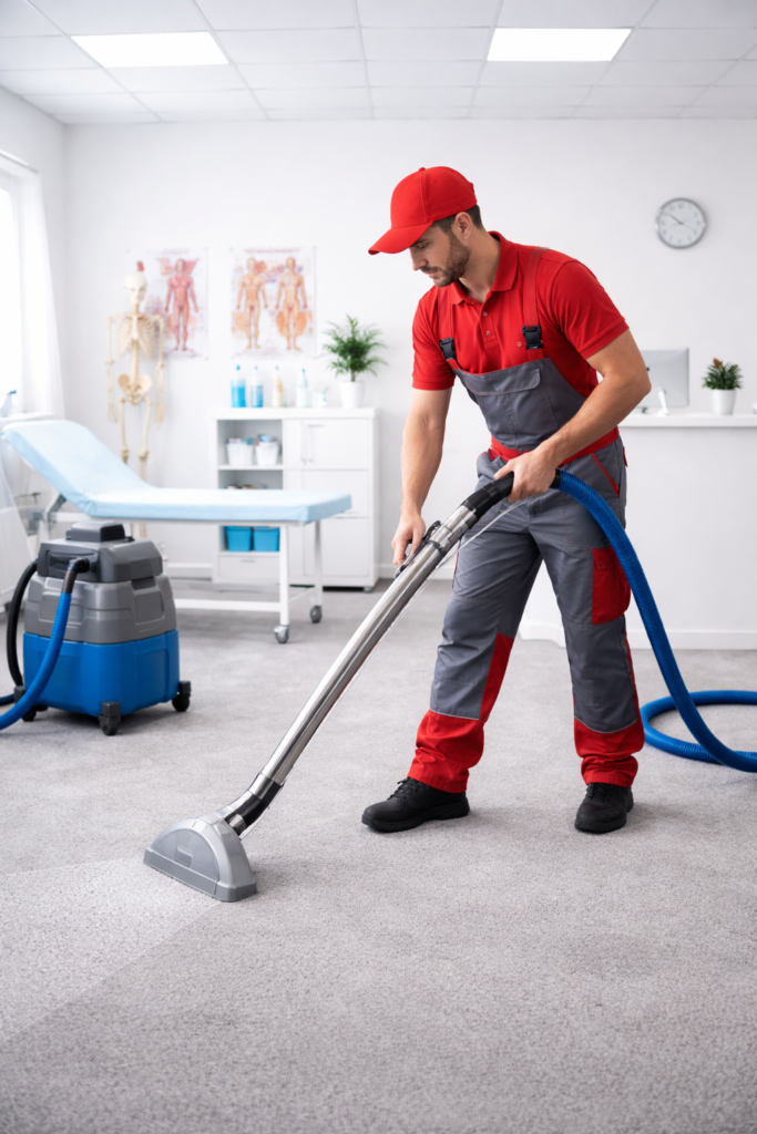 Professional carpet cleaning in a Calgary medical clinic, showing a technician in red and grey uniform deep cleaning clinic carpets with commercial equipment.