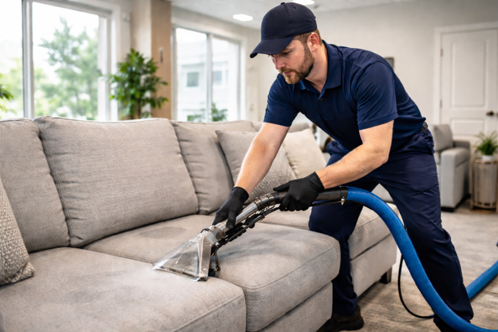 Professional upholstery cleaning technician using hot water extraction to deep clean a fabric sofa in a Calgary home